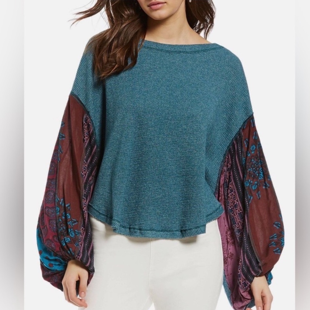 Free People We the Free Teal‎ Waffleknit Blossom Thermal Cropped Top Sz. S